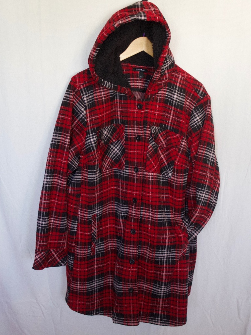 Torrid Cozy Double Knit Fur Hooded Shacket Plaid Jacket
